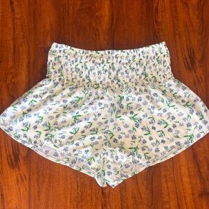 Sienna Sky White High-Waist Smocked Shorts with Blue Floral Print